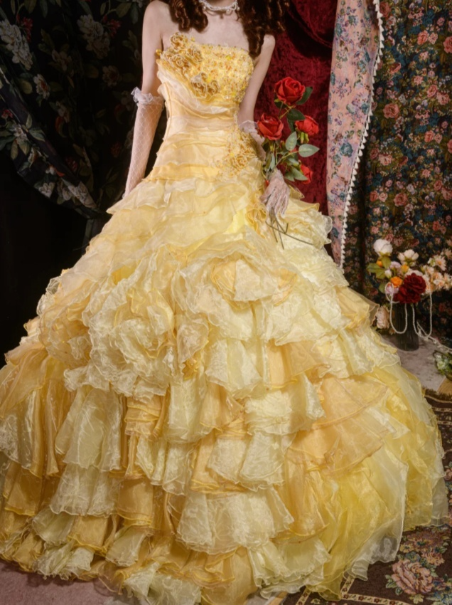Gorgeous Strapless Ball Gown Yellow Long Prom Dresses Tulle Yellow Quinceanera Dresses Sweet 16 Dress ED05061