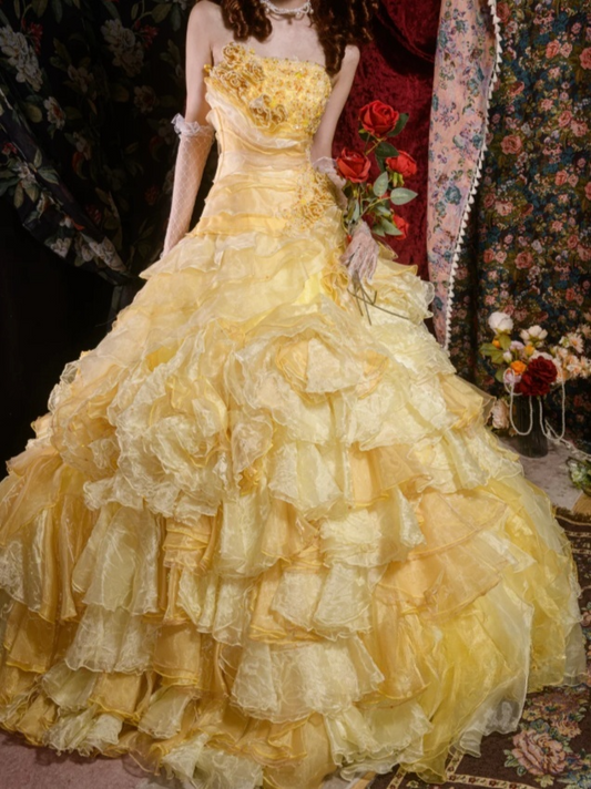 Gorgeous Strapless Ball Gown Yellow Long Prom Dresses Tulle Yellow Quinceanera Dresses Sweet 16 Dress ED05061
