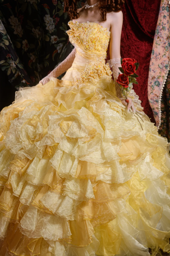 Gorgeous Strapless Ball Gown Yellow Long Prom Dresses Tulle Yellow Quinceanera Dresses Sweet 16 Dress ED05061