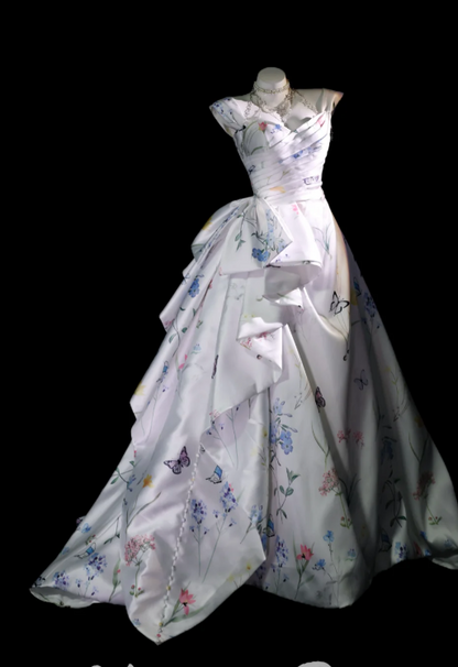 Gorgeous Strap Ball Gown Floral White Long Prom Dresses Satin White Quinceanera Dresses Sweet 16 Dress ED05062