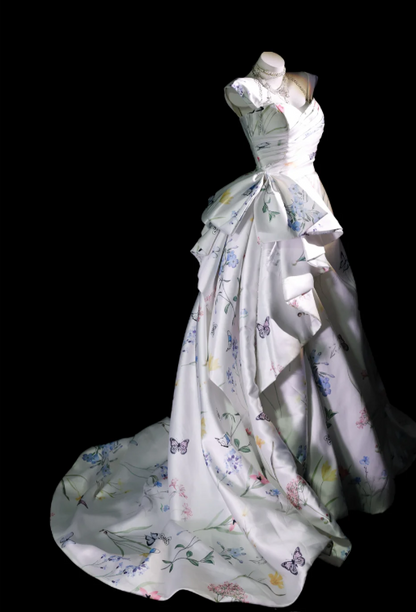 Gorgeous Strap Ball Gown Floral White Long Prom Dresses Satin White Quinceanera Dresses Sweet 16 Dress ED05062