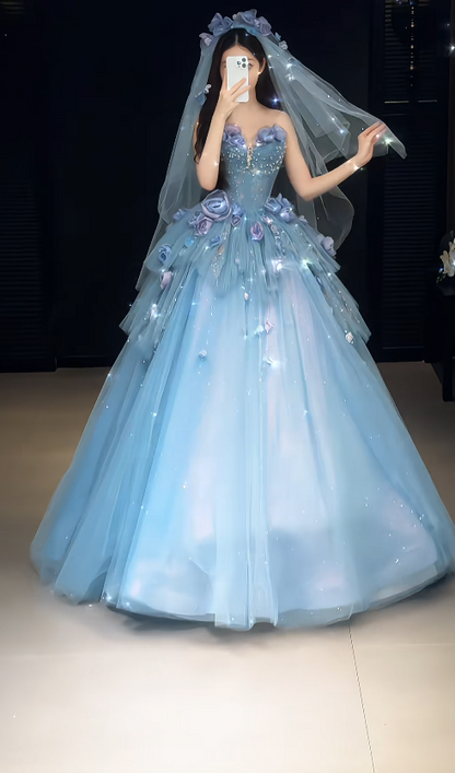 Fairy Sweetheart Ball Gown Blue Long Prom Dresses Tulle Applique Blue Quinceanera Dresses Sweet 16 Dress ED05063