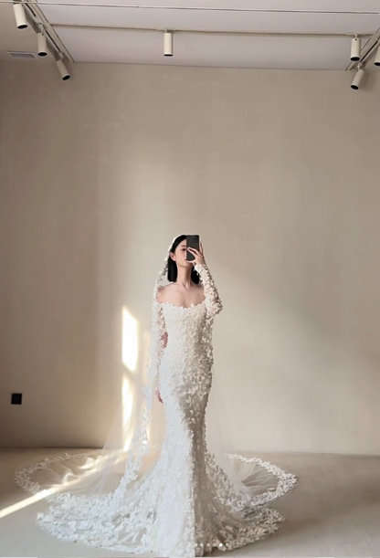 Princess Off-the-shoulder Mermaid Long Wedding Dresses Tulle Applique White Bridal Gowns Long Sleeve Bridal Dresses ED05068