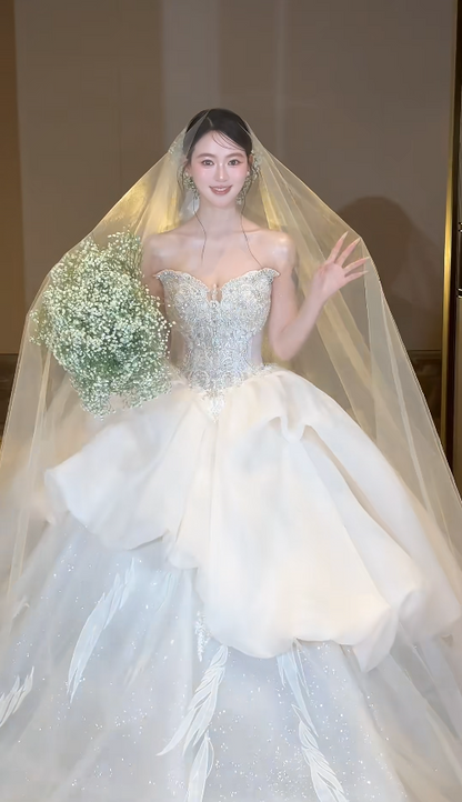 Princess Sweetheart Neck Ball Gown Tulle Long Wedding Dresses Applique White Bridal Gowns Sleeveless Bridal Dresses ED05069