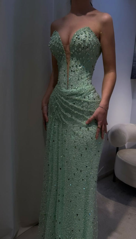 Sexy Sweetheart Sheath Green Long Prom Dresses Lace Beading Green Evening Dresses with Slits ED05071