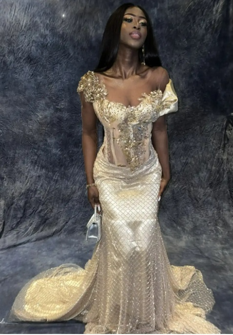 Sexy Asymmetrical Mermaid Champagne Long Prom Dresses Tulle Champagne Evening Dresses ED05072