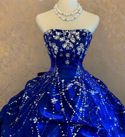 Gorgeous Strapless Ball Gown Royal Blue Long Prom Dresses Tulle Sequin Royal Blue Quinceanera Dresses Sweet 16 Dress ED05079