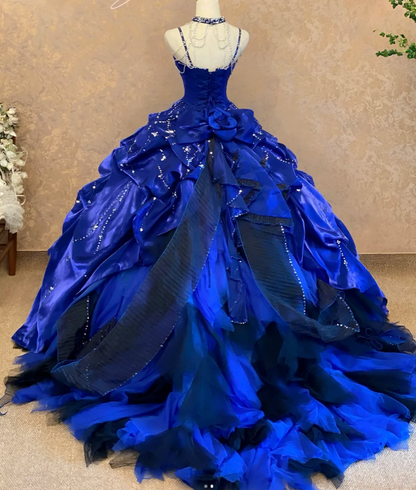 Gorgeous Strapless Ball Gown Royal Blue Long Prom Dresses Tulle Sequin Royal Blue Quinceanera Dresses Sweet 16 Dress ED05079
