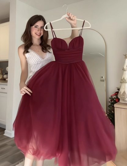 Cute Spaghetti Strap Ball Gown Tulle Tea Length Prom Dresses Dark Red Birthday Dresses ED05083