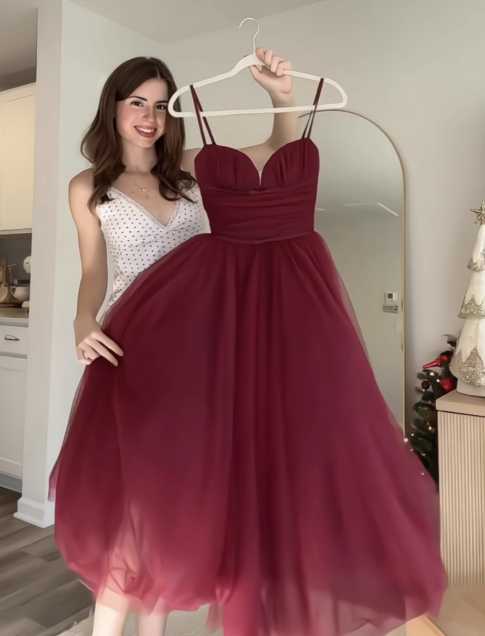 Cute Spaghetti Strap Ball Gown Tulle Tea Length Prom Dresses Dark Red Birthday Dresses ED05083