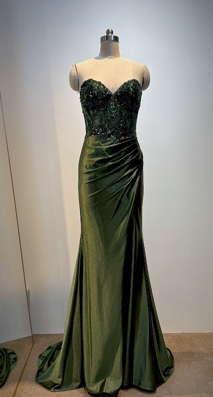 Elegant Sweetheart Neck Sheath Dark Green Long Prom Dresses Beaded Satin Dark Green Evening Dresses ED05086
