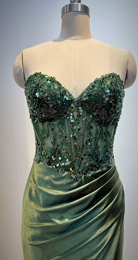 Elegant Sweetheart Neck Sheath Dark Green Long Prom Dresses Beaded Satin Dark Green Evening Dresses ED05086