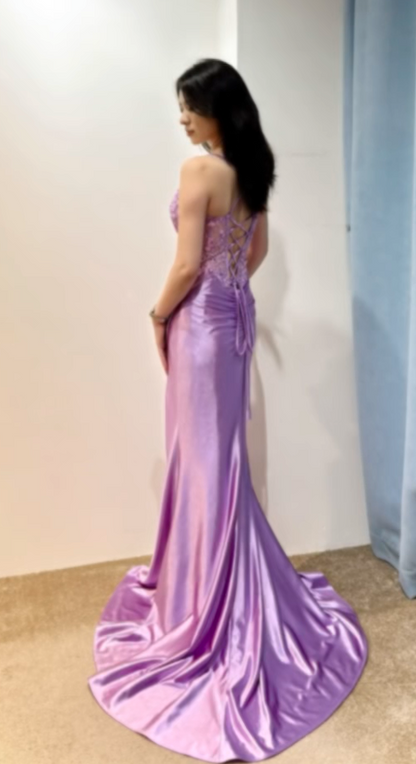 Elegant Spaghetti Straps Sheath Long Prom Dresses Appliqué Satin Evening Dresses ED05087