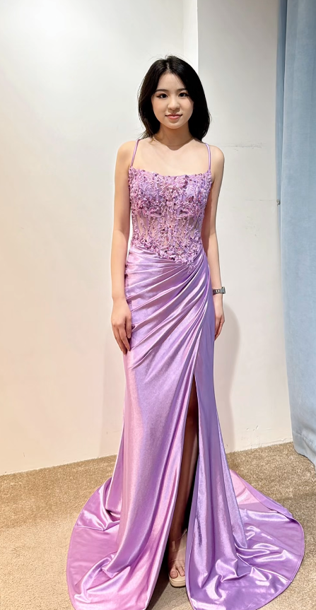 Elegant Spaghetti Straps Sheath Long Prom Dresses Appliqué Satin Evening Dresses ED05087