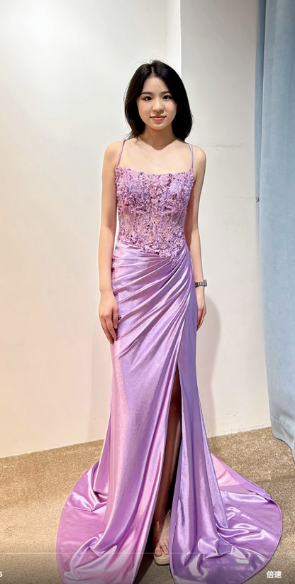 Elegant Spaghetti Straps Sheath Long Prom Dresses Appliqué Satin Evening Dresses ED05087