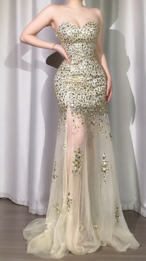 Vintage V-neck Sheath Gold Long Prom Dresses with Slit Sequins Tulle Dark Grey Evening Gowns ED05090