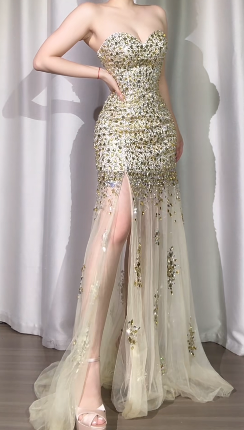 Vintage V-neck Sheath Gold Long Prom Dresses with Slit Sequins Tulle Dark Grey Evening Gowns ED05090