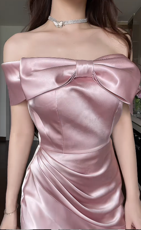 Elegant Off-the-shoulder Sheath Pink Long Prom Dresses Satin Pink Wedding Guest Dresses ED05091