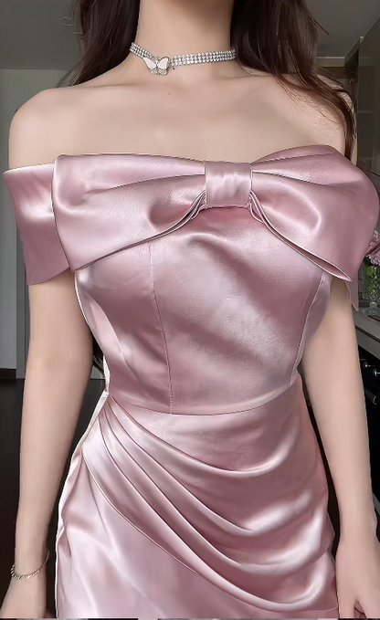 Elegant Off-the-shoulder Sheath Pink Long Prom Dresses Satin Pink Wedding Guest Dresses ED05091