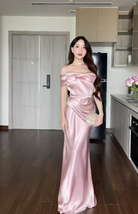 Elegant Off-the-shoulder Sheath Pink Long Prom Dresses Satin Pink Wedding Guest Dresses ED05091