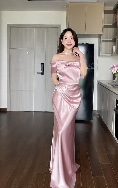 Elegant Off-the-shoulder Sheath Pink Long Prom Dresses Satin Pink Wedding Guest Dresses ED05091