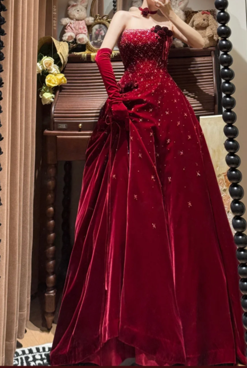 Chic Strapless A-Line Burgundy Long Prom Dresses Velvet Burgundy New Year Evening Gown ED05093