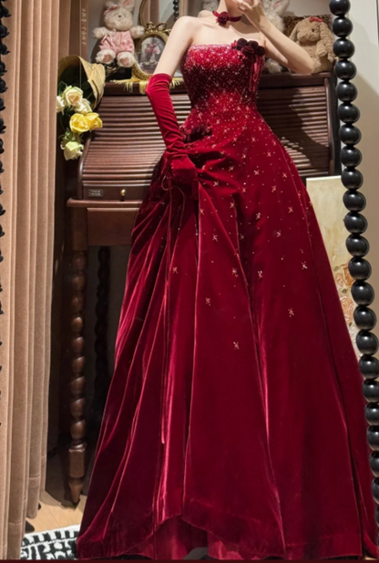 Chic Strapless A-Line Burgundy Long Prom Dresses Velvet Burgundy New Year Evening Gown ED05093