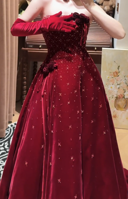 Chic Strapless A-Line Burgundy Long Prom Dresses Velvet Burgundy New Year Evening Gown ED05093