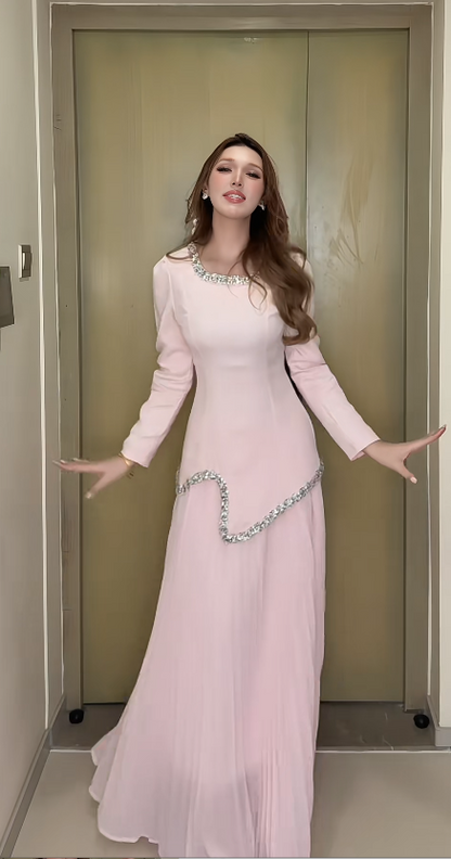 Chic Jewel Sheath Pink Long Prom Dresses Chiffon Pink Wedding Guest Dresses ED05095