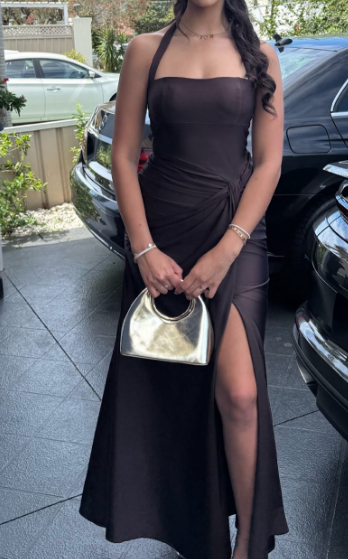 Chic Halter Sheath Chocolate Long Prom Dresses Sleeveless Chocolate Wedding Guest Dresses ED05096