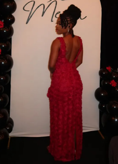 Chic V-Neck Sheath Red Long Prom Dresses Sleeveless Appliqué Red Wedding Guest Dresses ED05097