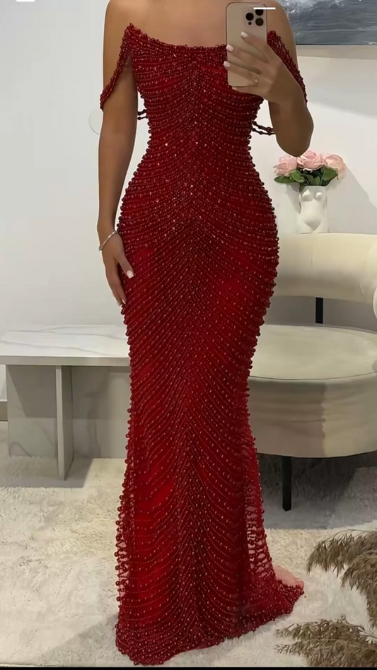 Chic Off the Shoulder Sheath Burgundy Long Prom Dresses Beaded Chiffon Burgundy Formal Dresses ED05099