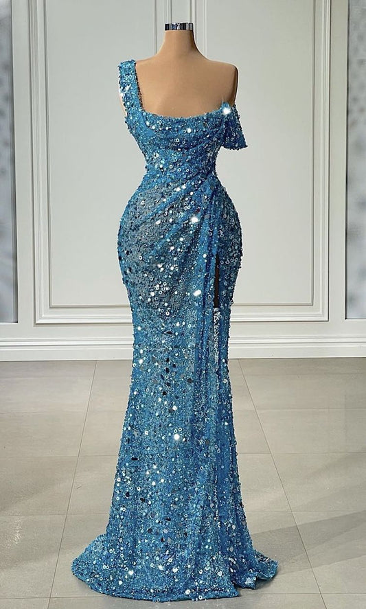 Chic Straps Sheath Blue Long Prom Dresses Sequins Blue Formal Dresses ED05100