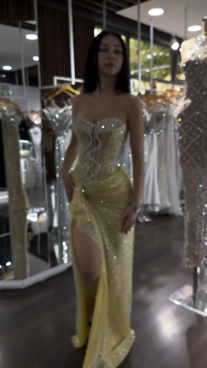 Robes d'anniversaire élégantes bleu dégradé, col en V, paillettes, mousseline, fourreau, robes de bal, robes de soirée ED04456