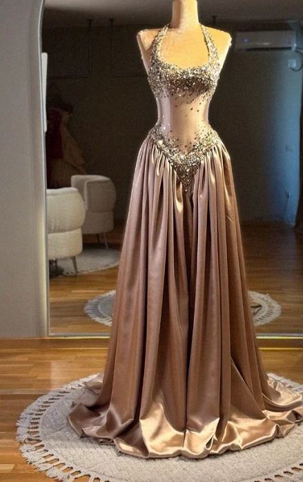 Glam Straps Sheath Basque Long Prom Dresses Satin Brown Birthday Dresses ED05109