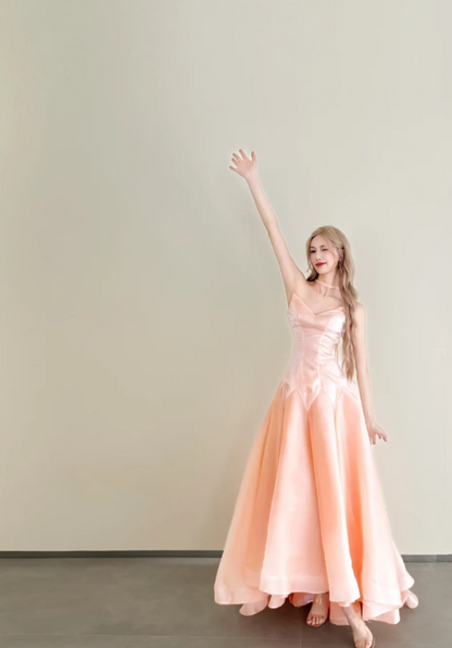 Cute Strapless A-Line Light Orange Long Prom Dresses Tulle Light Orange Birthday Dresses Sweet 16 Dress ED05112
