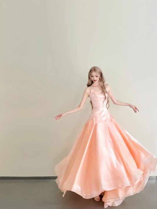 Cute Strapless A-Line Light Orange Long Prom Dresses Tulle Light Orange Birthday Dresses Sweet 16 Dress ED05112