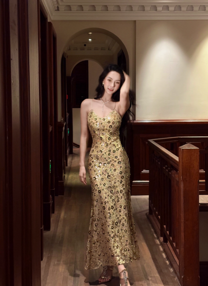 Elegant Straps Mermaid Gold Long Prom Dresses Tulle Gold Evening Gowns ED05114