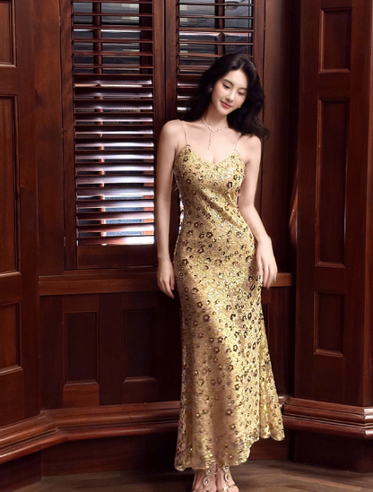 Elegant Straps Mermaid Gold Long Prom Dresses Tulle Gold Evening Gowns ED05114