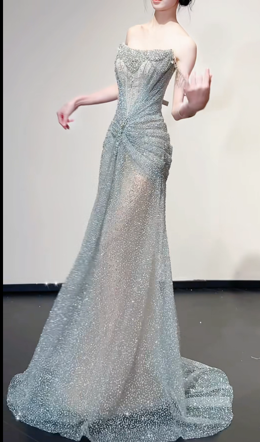 Elegant Off-the-shoulder Sheath Long Prom Dress Tulle Grey Birthday Dress ED05116