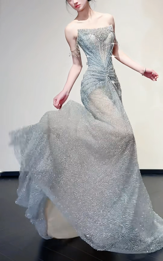 Elegant Off-the-shoulder Sheath Long Prom Dress Tulle Grey Birthday Dress ED05116