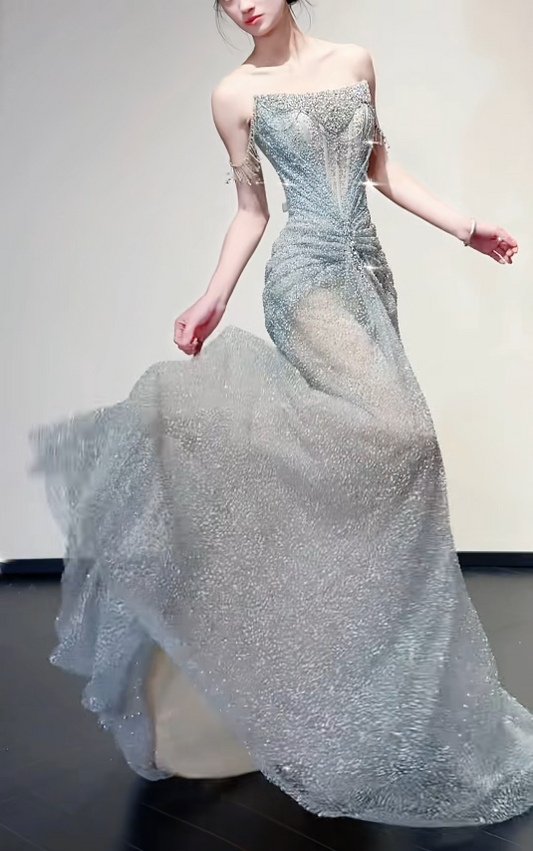 Elegant Off-the-shoulder Sheath Long Prom Dress Tulle Grey Birthday Dress ED05116