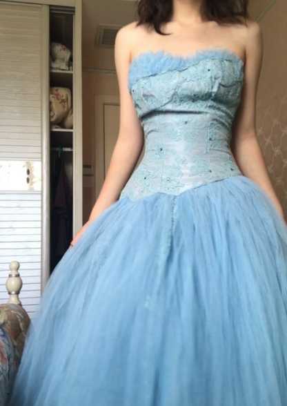Fairy Strapless Ball Gown Blue Long Prom Dresses Tulle Blue Quinceanera Dresses Sweet 16 Dresses ED05118