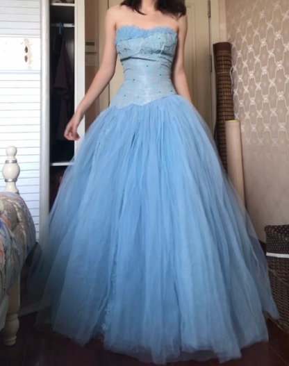 Fairy Strapless Ball Gown Blue Long Prom Dresses Tulle Blue Quinceanera Dresses Sweet 16 Dresses ED05118