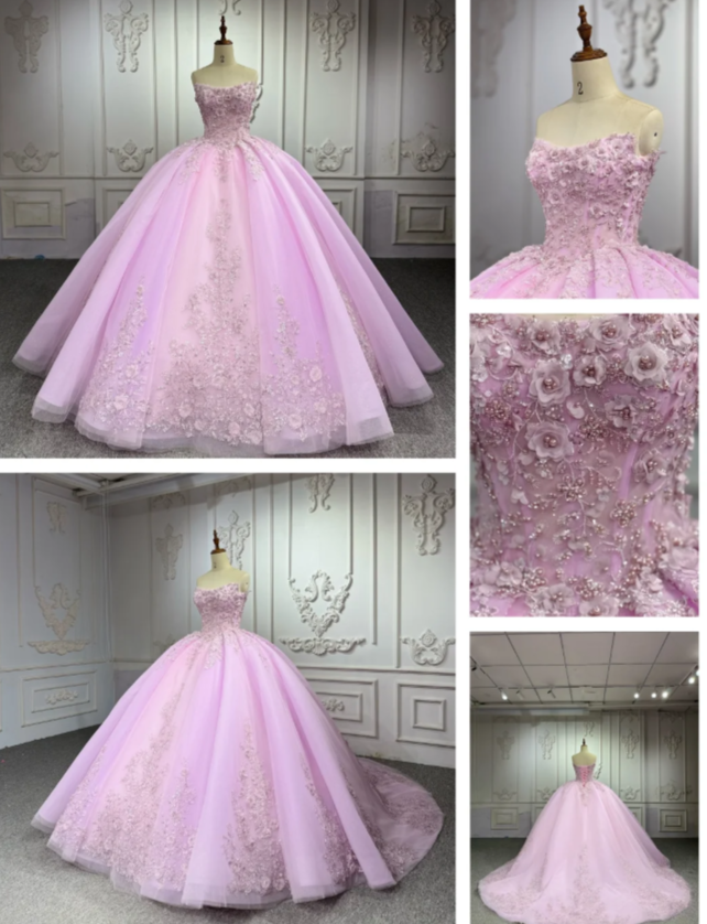 Fairy Strapless Ball Gown Pink Long Prom Dresses Tulle Appliqué Pink Quinceanera Dresses Sweet 16 Dresses ED05119