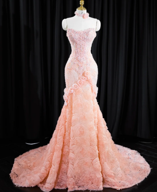 Fairy Strapless Mermaid Pink Long Prom Dresses Tulle Appliqué Pink Evening Dresses ED05122
