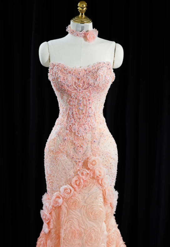 Fairy Strapless Mermaid Pink Long Prom Dresses Tulle Appliqué Pink Evening Dresses ED05122