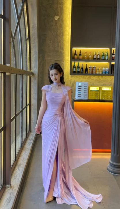 Elegant Straps Sheath Pink Long Prom Dresses Chiffon Pleated Pink Bridesmaid Dresses ED05124