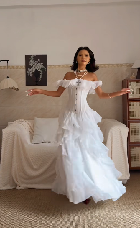 Elegant Off-shoulder Sheath White Long Prom Dresses Chiffon Ruffle White Party Dresses ED05125