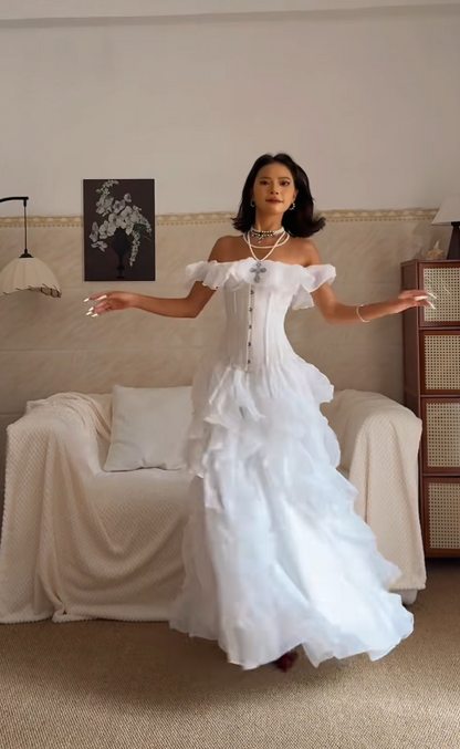 Elegant Off-shoulder Sheath White Long Prom Dresses Chiffon Ruffle White Party Dresses ED05125